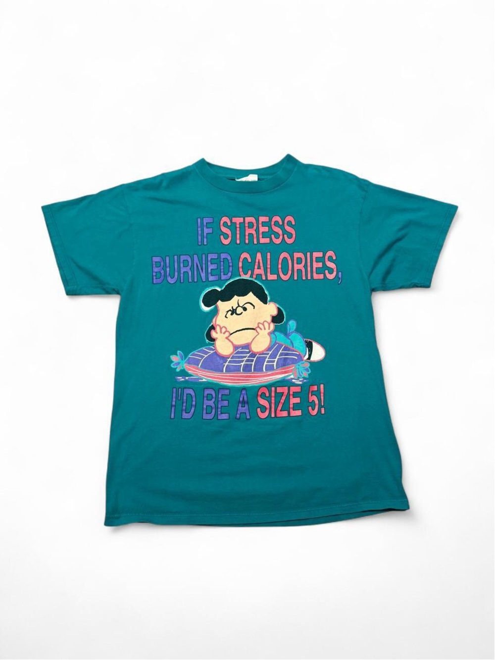 Vintage 90 peanuts Lucy if stress burned calories tee funny blue teal XL mens